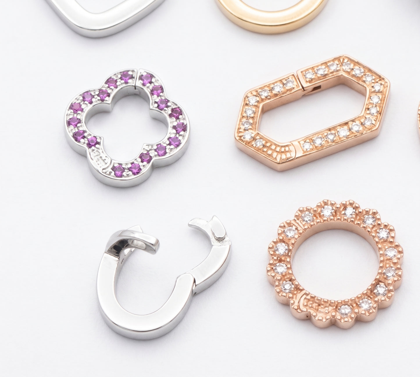 K18YG WG PG クローバー 四ツ葉 18K ダイヤモンドチャーム ネックレスパーツ 留め具 留め金具 クラスプ コマ パーツ ロック付き