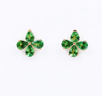 K18YG ツァボライト スタッドピアス 四ツ葉 花 グリーン 緑 クローバー イエローゴールド 18k ティアドロップ