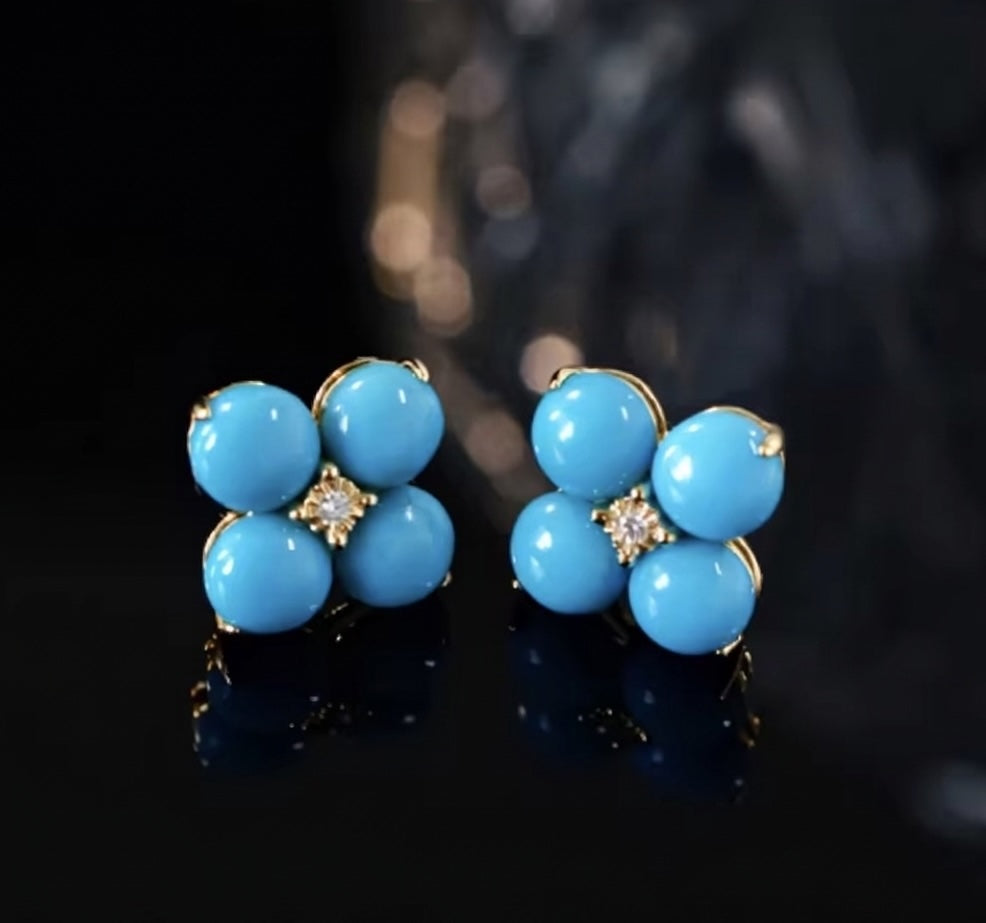 K18YG ターコイズ カボション 四ツ葉 クローバー 18K イエローゴールド 花 ダイヤモンド トルコ石 ペンダント ネックレス ピアス