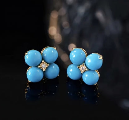 K18YG ターコイズ カボション 四ツ葉 クローバー 18K イエローゴールド 花 ダイヤモンド トルコ石 ペンダント ネックレス ピアス