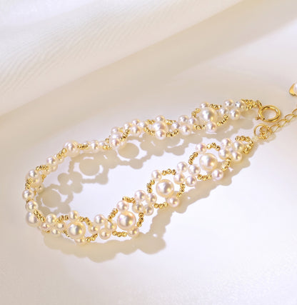 K18YG あこや真珠 ブレスレット 18K レース 編み ワイヤー アコヤ真珠 インフィニティ パール 弾力 オーバル カットボール