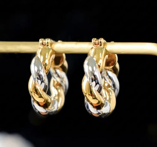 K18YG Yellow Gold, K18WG White Gold, 18K Hoop Earrings, Hollow, Italian Jewelry, Twisted, Round, Circular