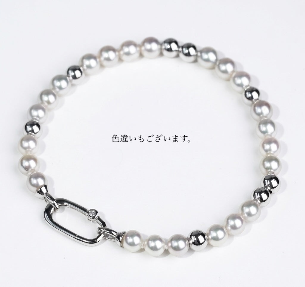 K18YG あこや真珠 ブレスレット 金球 ステーション イエローゴールド 18k オーバルクラスプ ダイヤモンド スナップ開口 パール アコヤ