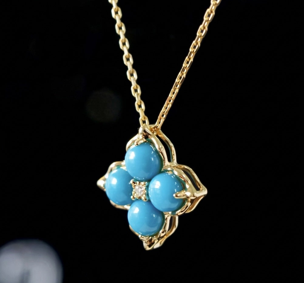K18YG ターコイズ カボション 四ツ葉 クローバー 18K イエローゴールド 花 ダイヤモンド トルコ石 ペンダント ネックレス ピアス