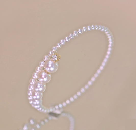 18K Yellow Gold Akoya Pearl Bracelet with Lace, 18K Akoya Pearl Lacy Bangle, Infinity 8 Wire