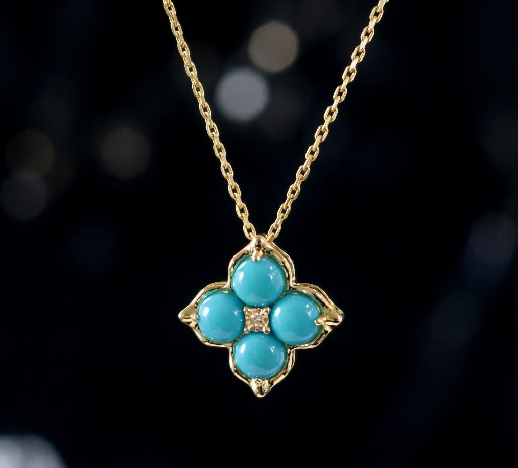 K18YG ターコイズ カボション 四ツ葉 クローバー 18K イエローゴールド 花 ダイヤモンド トルコ石 ペンダント ネックレス ピアス