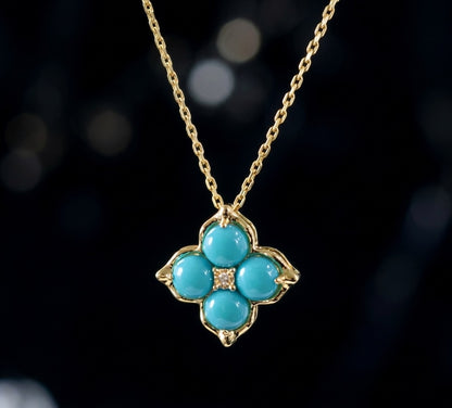 K18YG ターコイズ カボション 四ツ葉 クローバー 18K イエローゴールド 花 ダイヤモンド トルコ石 ペンダント ネックレス ピアス