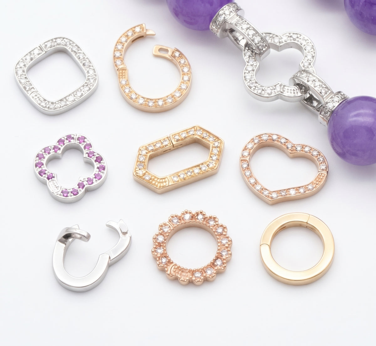 K18YG WG PG クローバー 四ツ葉 18K ダイヤモンドチャーム ネックレスパーツ 留め具 留め金具 クラスプ コマ パーツ ロック付き