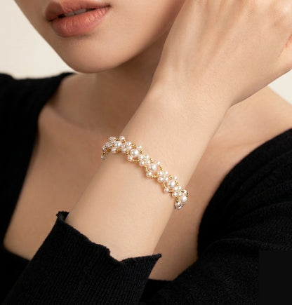 K18YG あこや真珠 ブレスレット 18K レース 編み ワイヤー アコヤ真珠 インフィニティ パール 弾力 オーバル カットボール