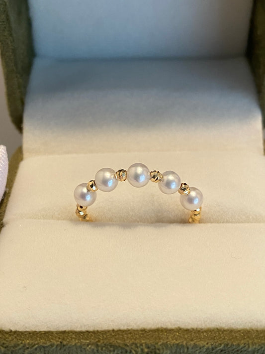 18K Yellow Gold Akoya Pearl Ring, Wire Ring, 18K Akoya Pearl Ring, 5 Small Pearls