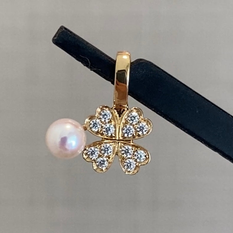 18k あこや真珠 クローバー ペンダント gold clover zircon pearl pendant