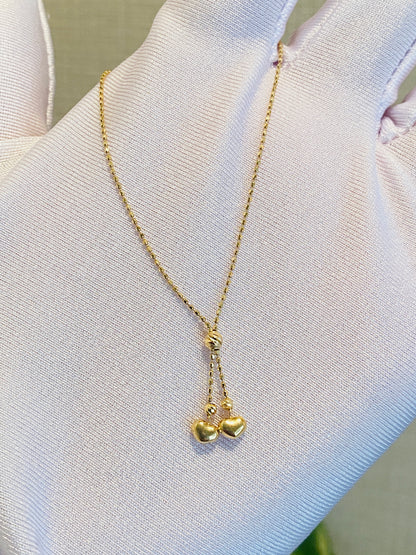 K18YG ハートチャーム ブレスレット 0.8mm ダブルハート カットボールチェーン 18k 18cm~ スライド式アジャスター 調整チェーン