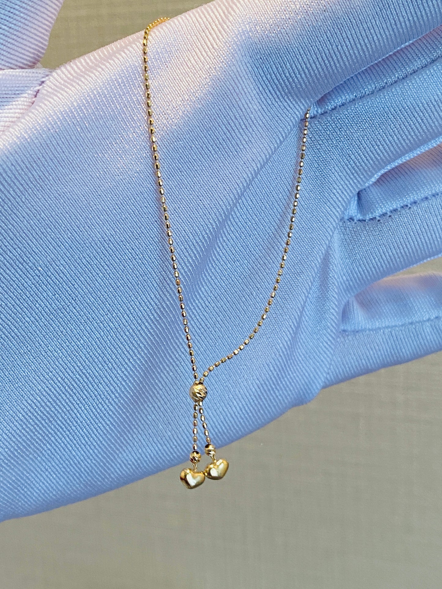 K18YG ハートチャーム ブレスレット 0.8mm ダブルハート カットボールチェーン 18k 18cm~ スライド式アジャスター 調整チェーン