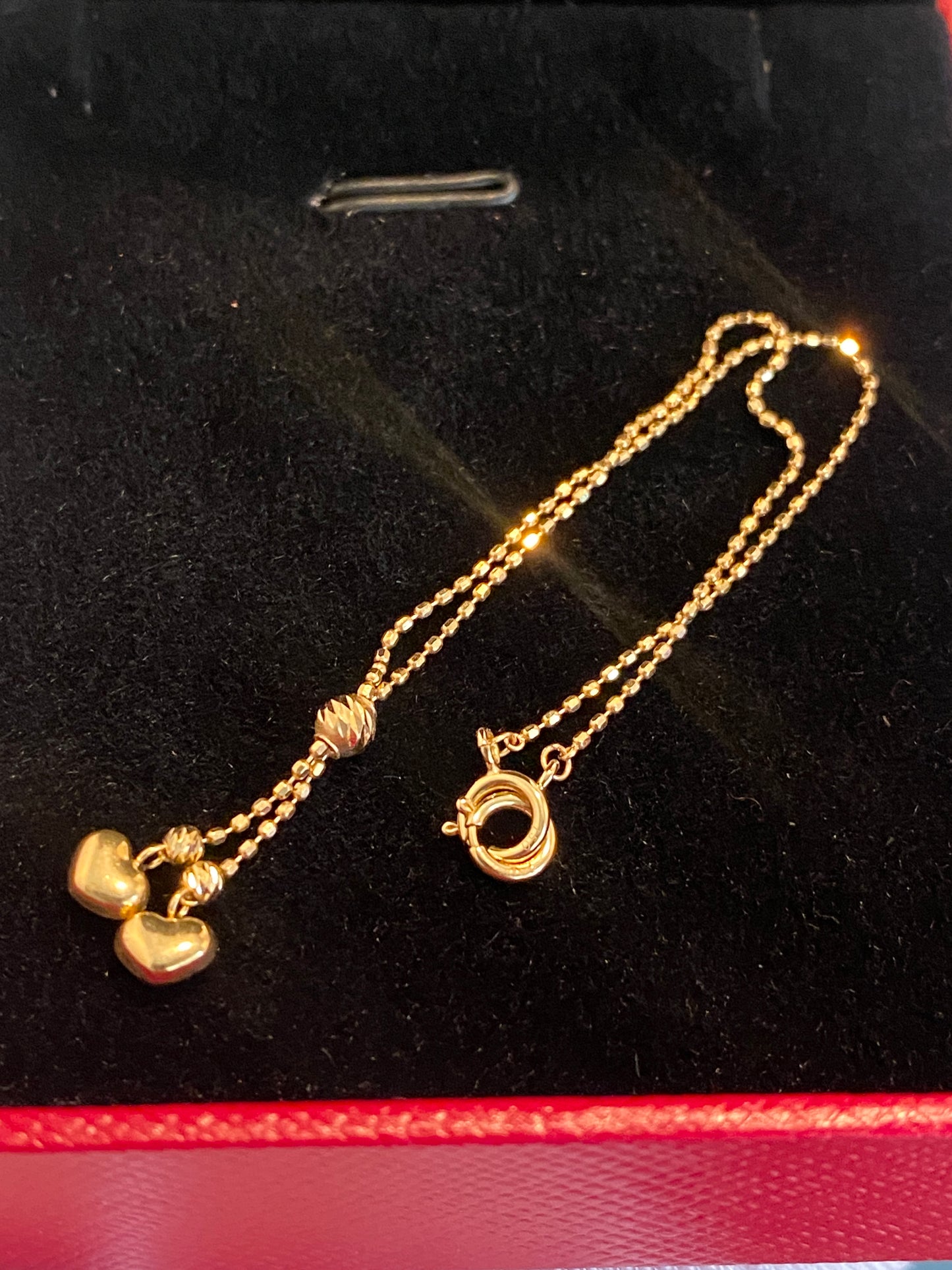 K18YG ハートチャーム ブレスレット 0.8mm ダブルハート カットボールチェーン 18k 18cm~ スライド式アジャスター 調整チェーン