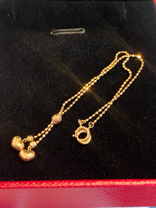 K18YG ハートチャーム ブレスレット 0.8mm ダブルハート カットボールチェーン 18k 18cm~ スライド式アジャスター 調整チェーン