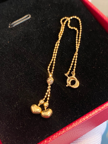 K18YG ハートチャーム ブレスレット 0.8mm ダブルハート カットボールチェーン 18k 18cm~ スライド式アジャスター 調整チェーン