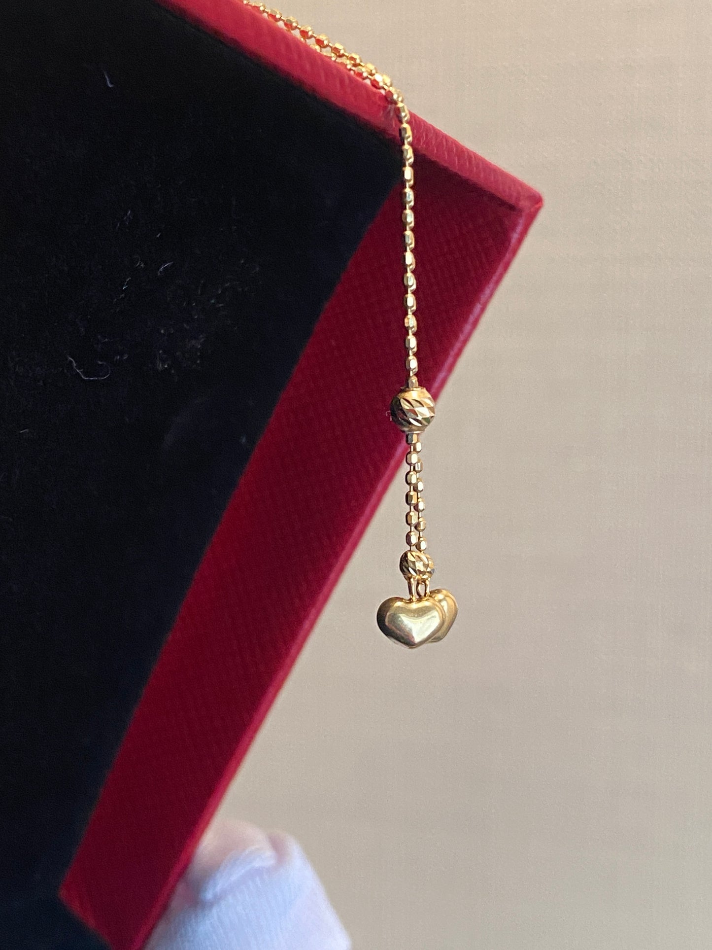 K18YG ハートチャーム ブレスレット 0.8mm ダブルハート カットボールチェーン 18k 18cm~ スライド式アジャスター 調整チェーン