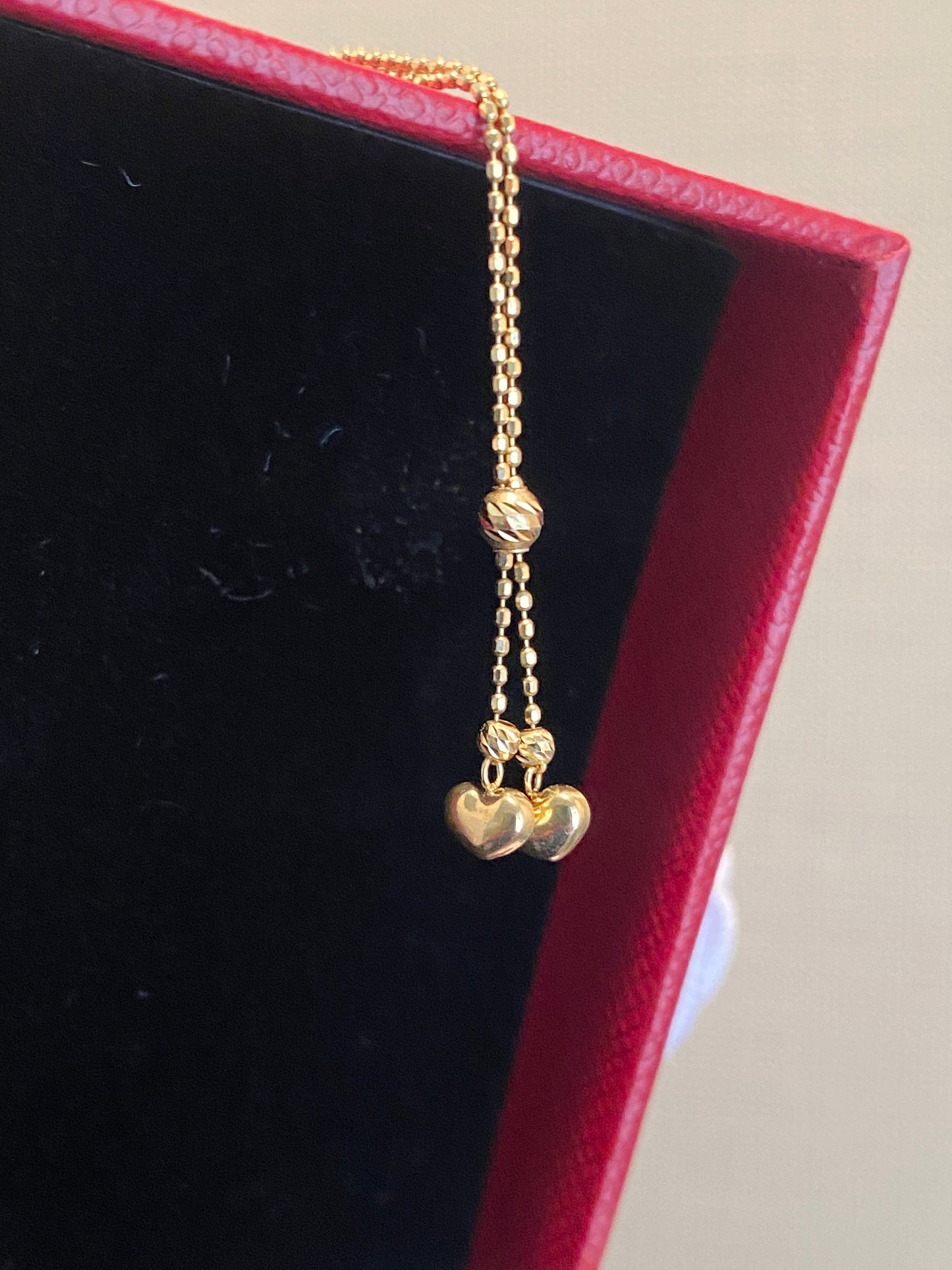 K18YG ハートチャーム ブレスレット 0.8mm ダブルハート カットボールチェーン 18k 18cm~ スライド式アジャスター 調整チェーン