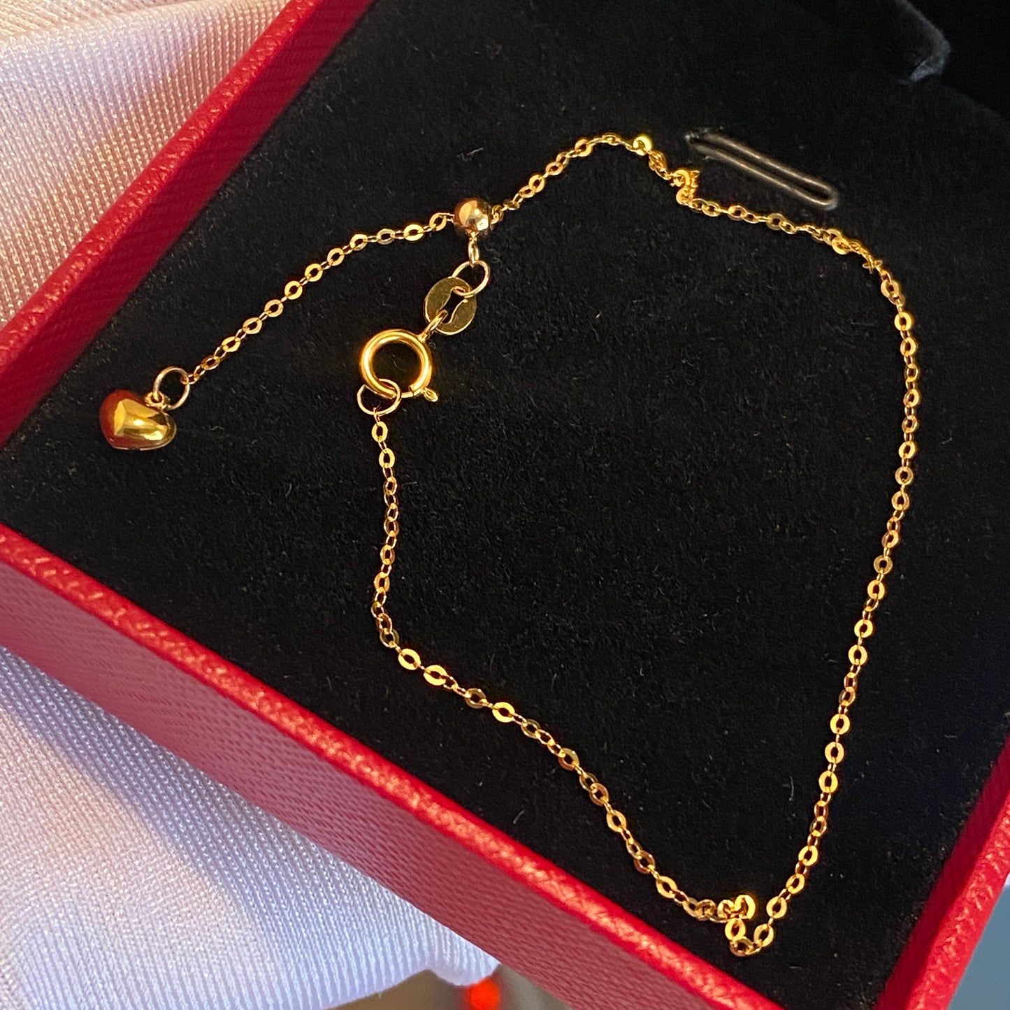 K18YG WG PG チェーンブレスレット ハートチャーム あずきチェーン 18k イエローゴールド ホワイトゴールド ピンクゴールド スライド式アジャスターチェーン