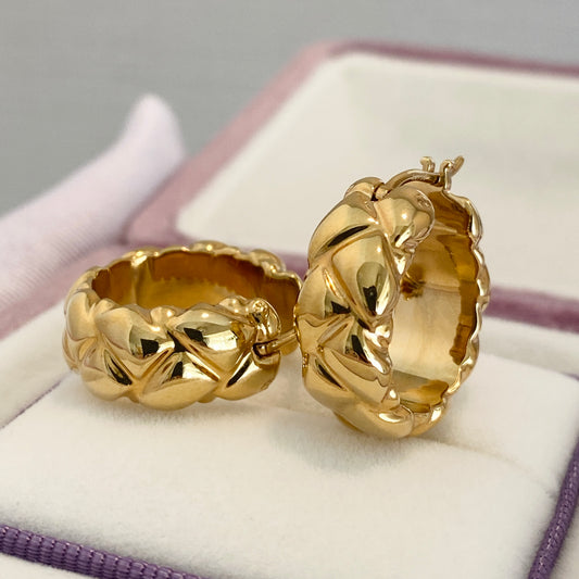 K18YG リングピアス フープピアス 中空 イエローゴールド X 模様 18k キルティング イタリアンジュエリー