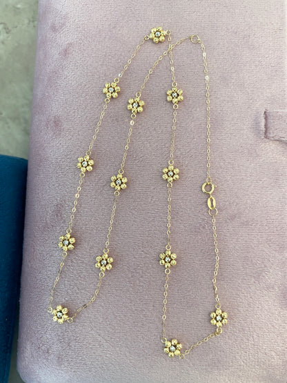 K18YG お花 ステーションネックレス フラワーチャーム カットボール キラキラ 18K WG
