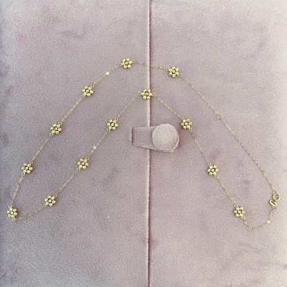 K18YG お花 ステーションネックレス フラワーチャーム カットボール キラキラ 18K WG