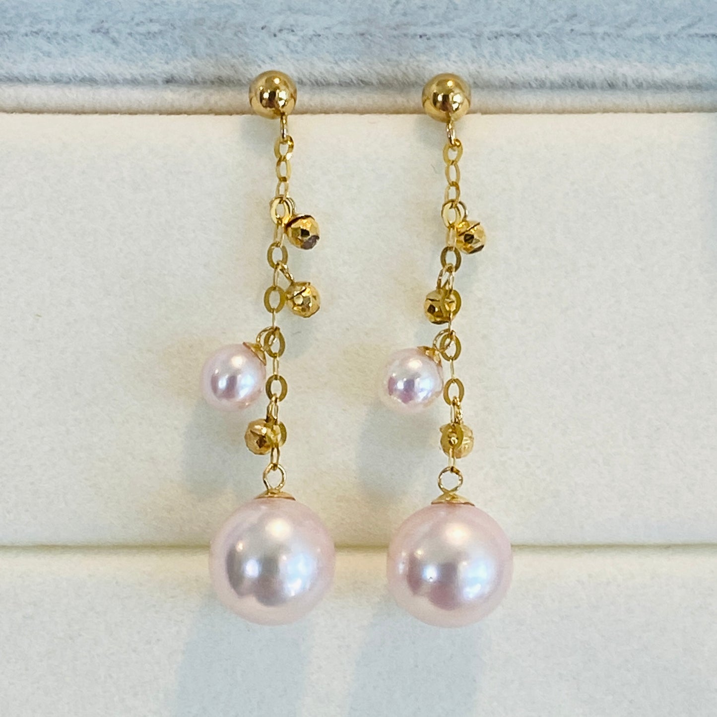 K18YG あこや真珠 ピアス ロングピアス 3cm チェーンピアス 18K YG 揺れる ボールカット