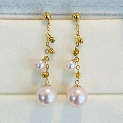 K18YG あこや真珠 ピアス ロングピアス 3cm チェーンピアス 18K YG 揺れる ボールカット