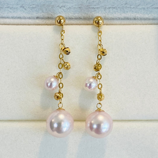 K18YG あこや真珠 ピアス ロングピアス 3cm チェーンピアス 18K YG 揺れる ボールカット