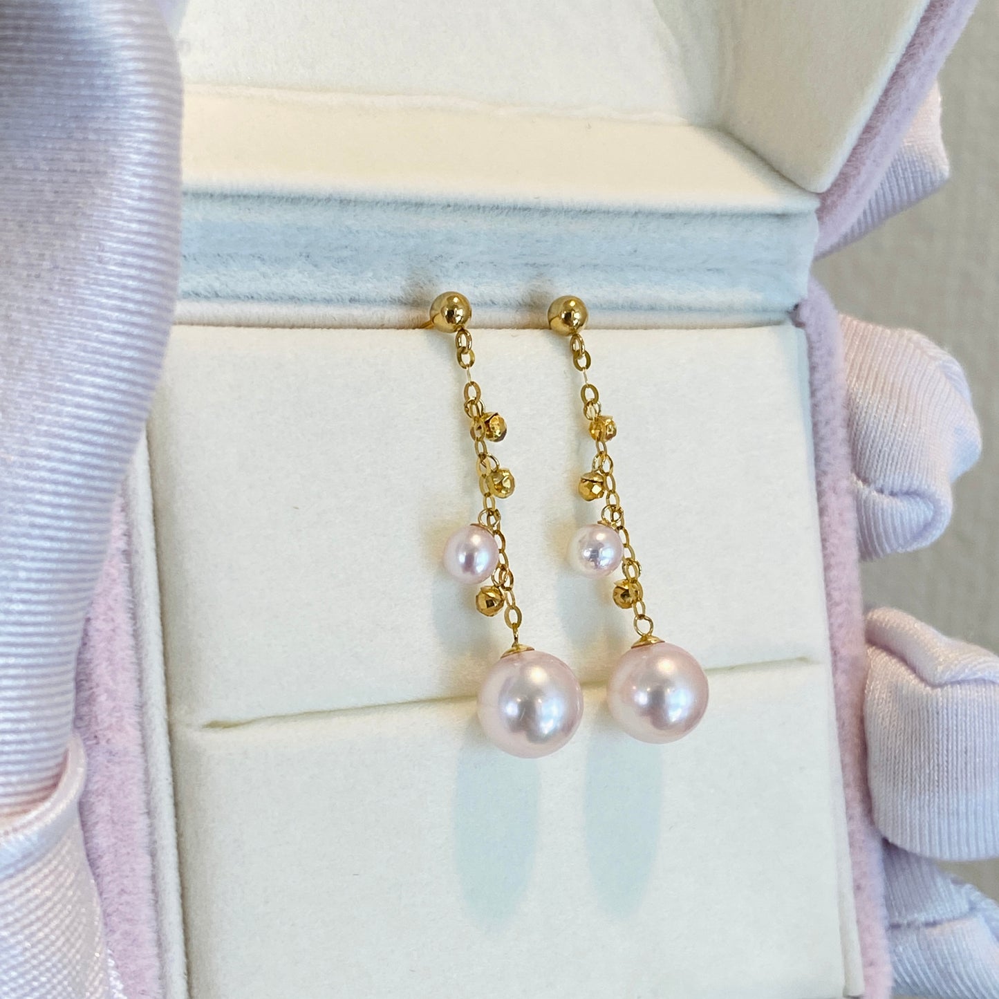 K18YG あこや真珠 ピアス ロングピアス 3cm チェーンピアス 18K YG 揺れる ボールカット