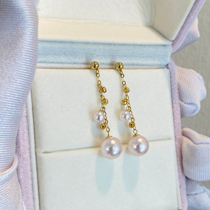 K18YG あこや真珠 ピアス ロングピアス 3cm チェーンピアス 18K YG 揺れる ボールカット