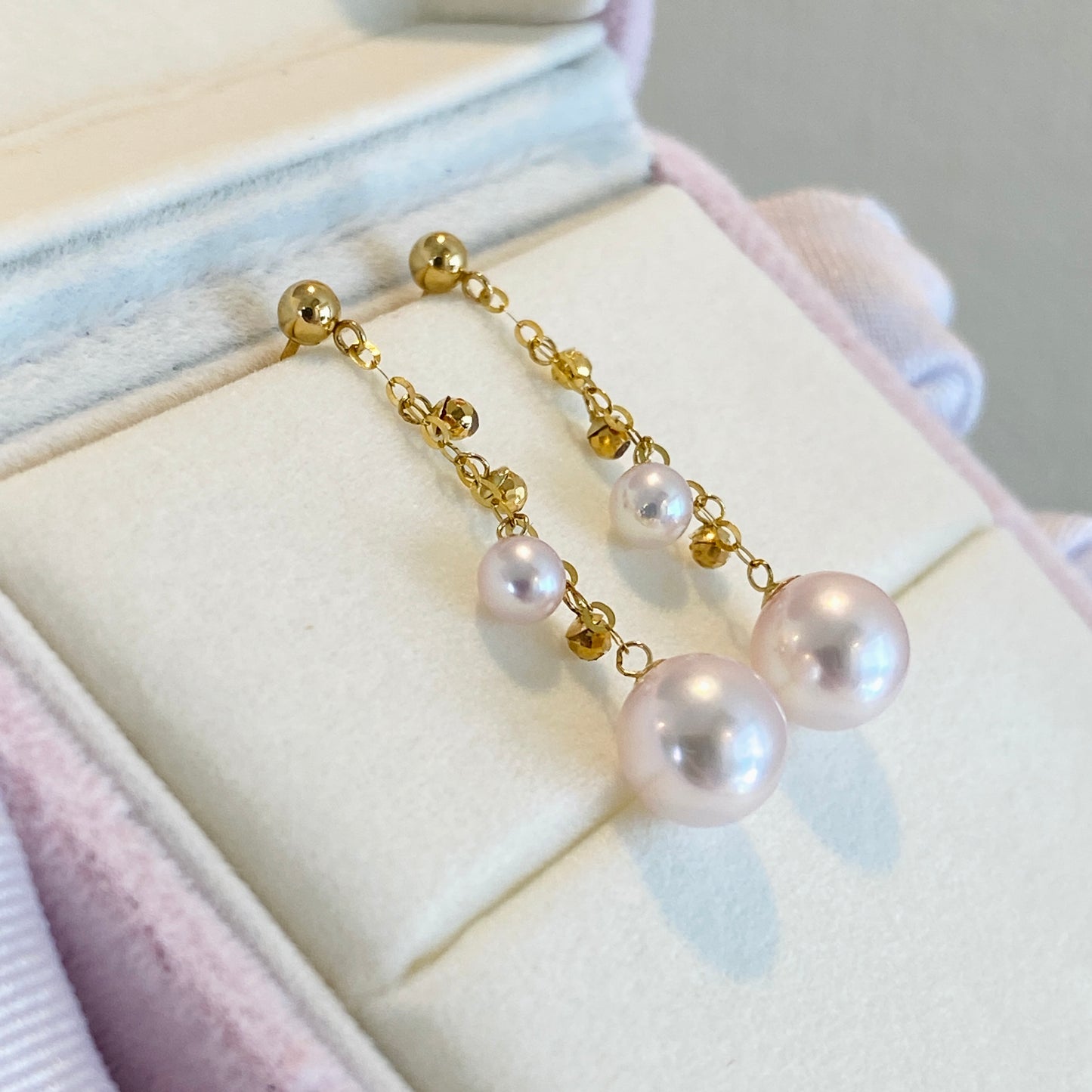 K18YG あこや真珠 ピアス ロングピアス 3cm チェーンピアス 18K YG 揺れる ボールカット