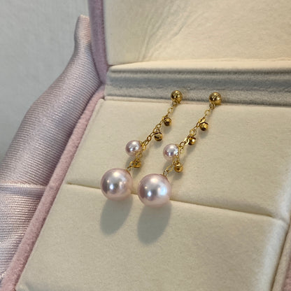 K18YG あこや真珠 ピアス ロングピアス 3cm チェーンピアス 18K YG 揺れる ボールカット