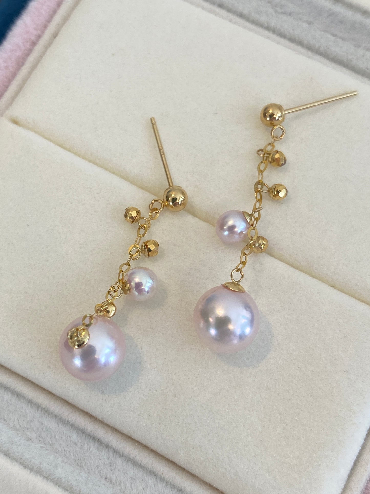 K18YG あこや真珠 ピアス ロングピアス 3cm チェーンピアス 18K YG 揺れる ボールカット