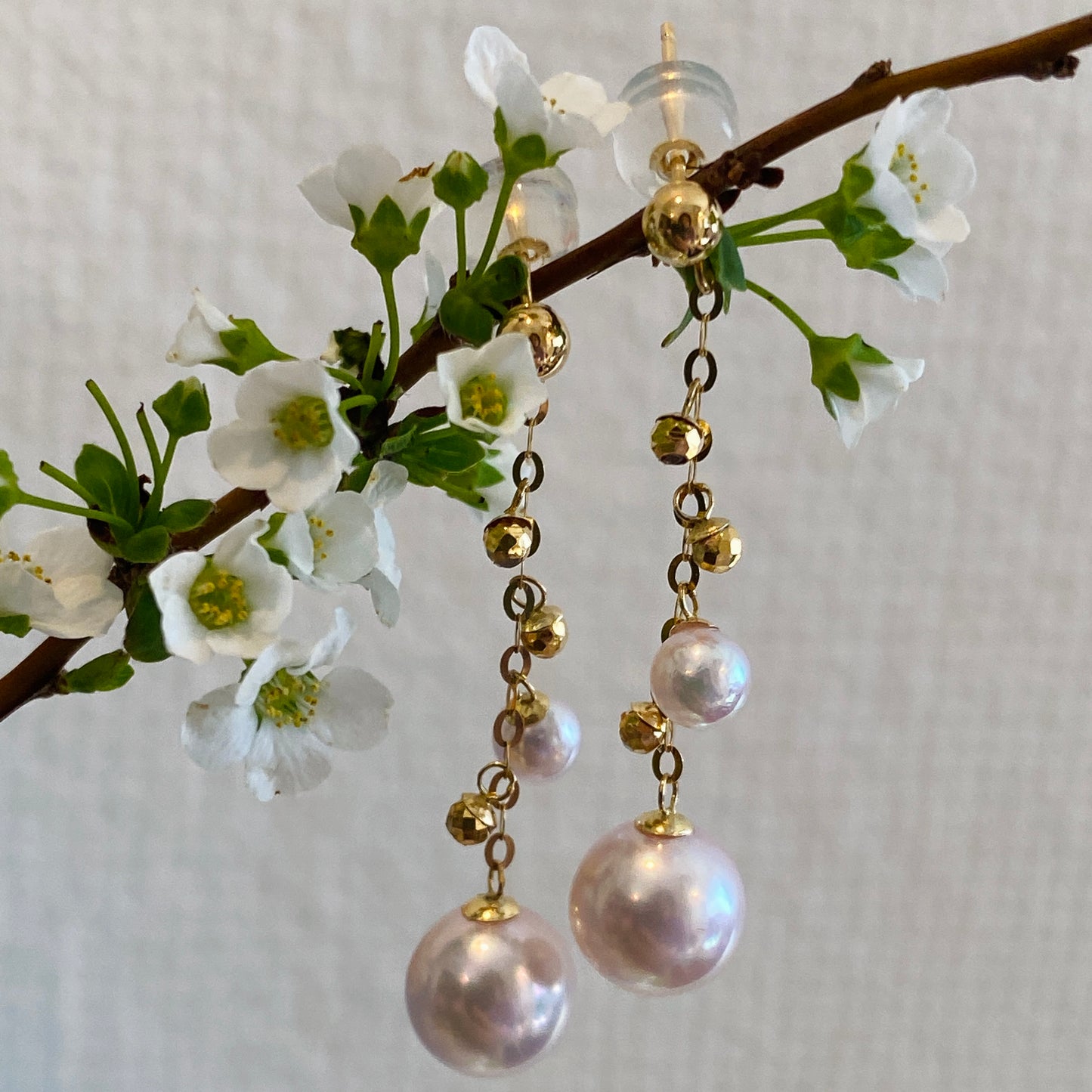 K18YG あこや真珠 ピアス ロングピアス 3cm チェーンピアス 18K YG 揺れる ボールカット