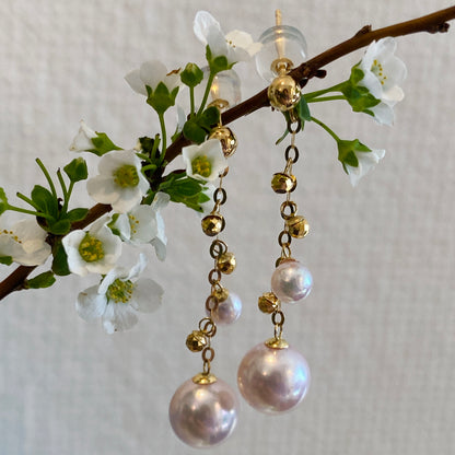 K18YG あこや真珠 ピアス ロングピアス 3cm チェーンピアス 18K YG 揺れる ボールカット