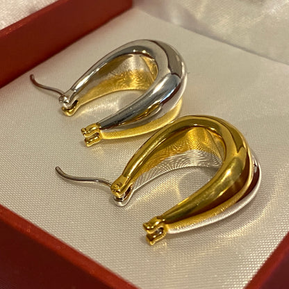 K18YG WG ぷっくり ティアドロップ リングピアス 中空ピアス イエローゴールド ドロップ型 18K YG 雫 涙 ツートン ２色 ダブルカラー
