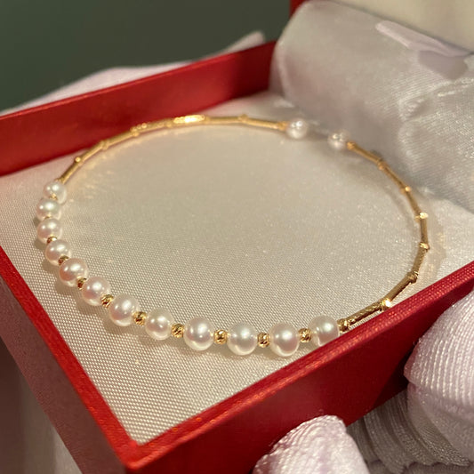 K18YG WG あこや真珠 バングル 小粒 イエローゴールド 18K アコヤ ワイヤーバングル 弾力 ブレスレット