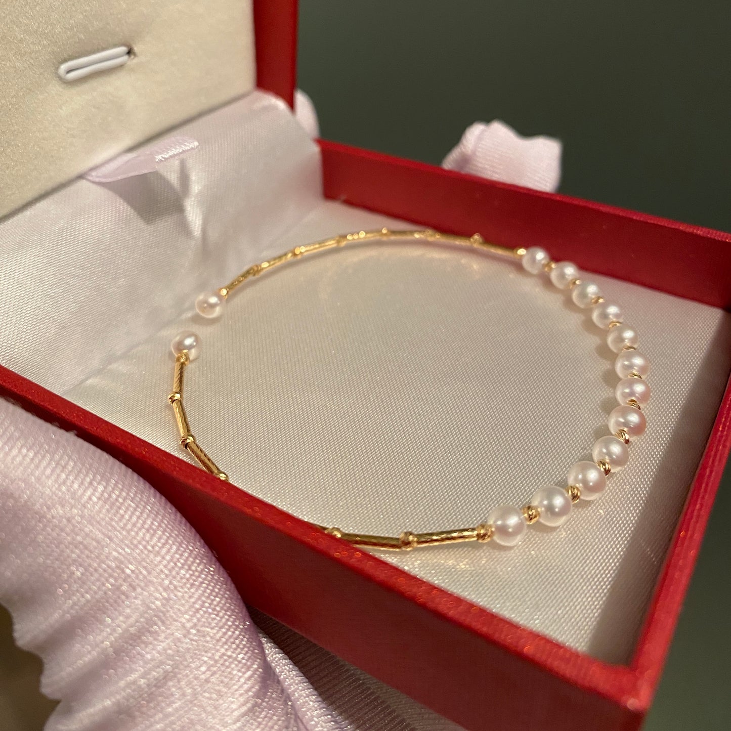 K18YG WG あこや真珠 バングル 小粒 イエローゴールド 18K アコヤ ワイヤーバングル 弾力 ブレスレット