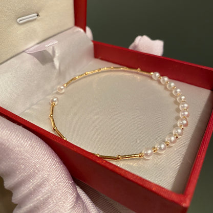 K18YG WG あこや真珠 バングル 小粒 イエローゴールド 18K アコヤ ワイヤーバングル 弾力 ブレスレット