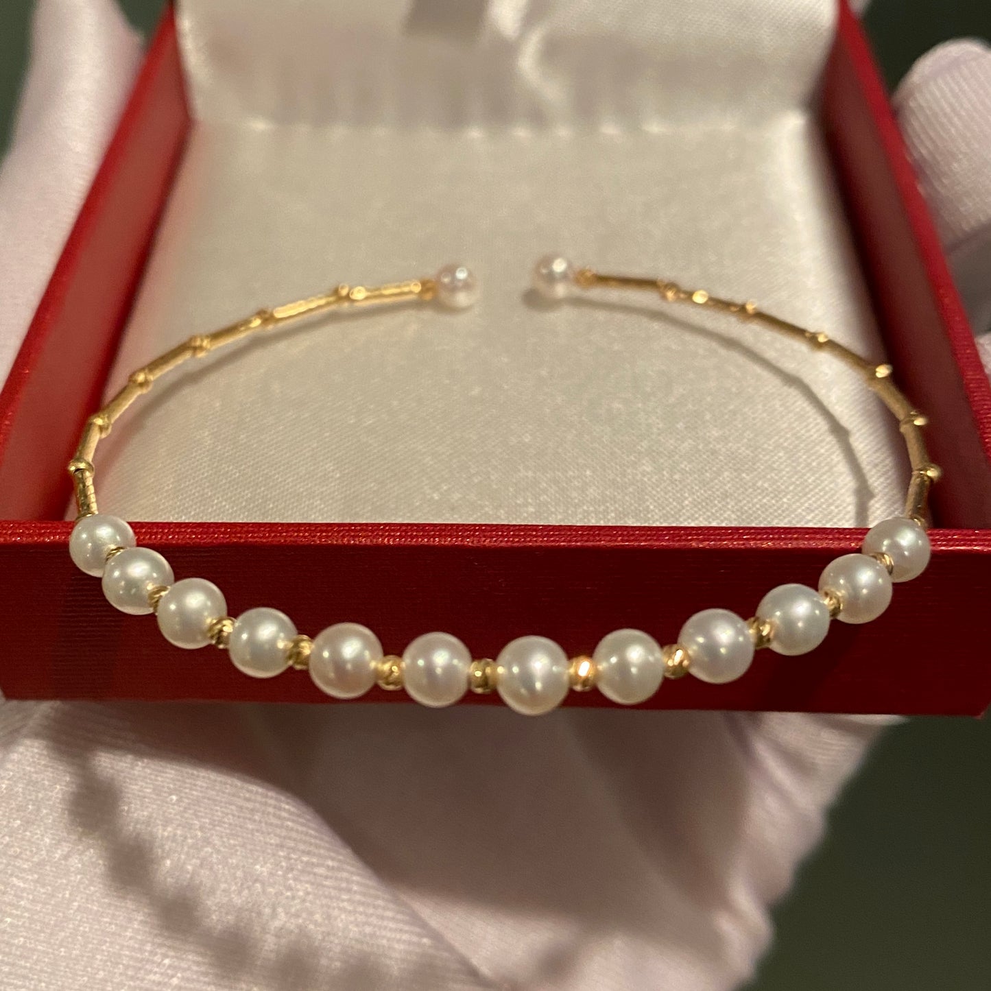 K18YG WG あこや真珠 バングル 小粒 イエローゴールド 18K アコヤ ワイヤーバングル 弾力 ブレスレット
