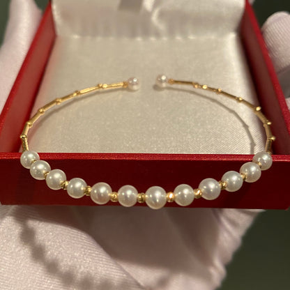 K18YG WG あこや真珠 バングル 小粒 イエローゴールド 18K アコヤ ワイヤーバングル 弾力 ブレスレット