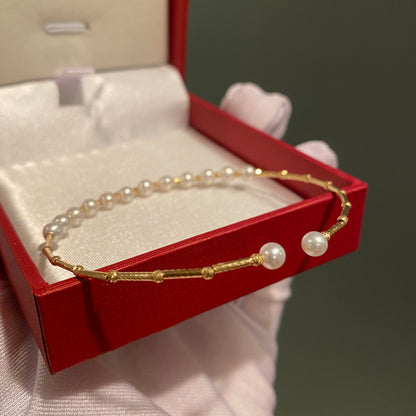 K18YG WG あこや真珠 バングル 小粒 イエローゴールド 18K アコヤ ワイヤーバングル 弾力 ブレスレット