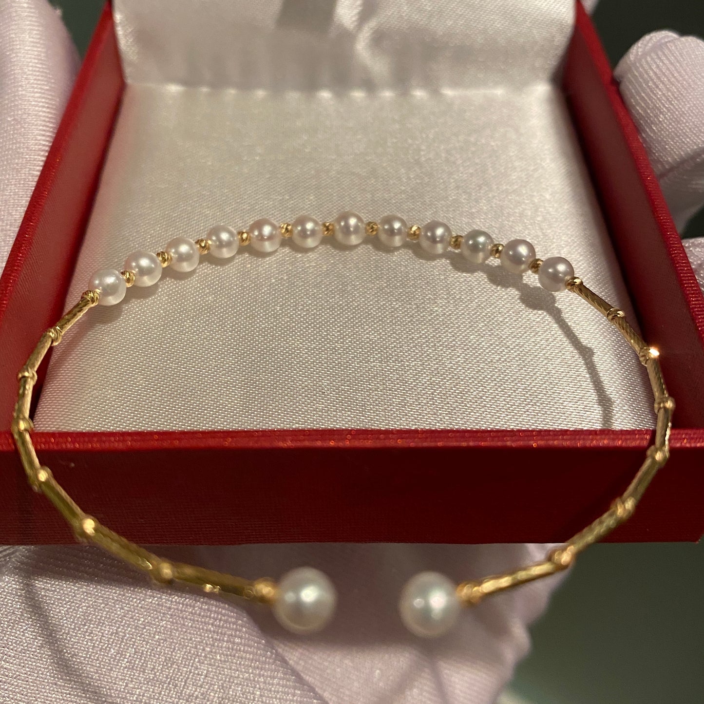 K18YG WG あこや真珠 バングル 小粒 イエローゴールド 18K アコヤ ワイヤーバングル 弾力 ブレスレット