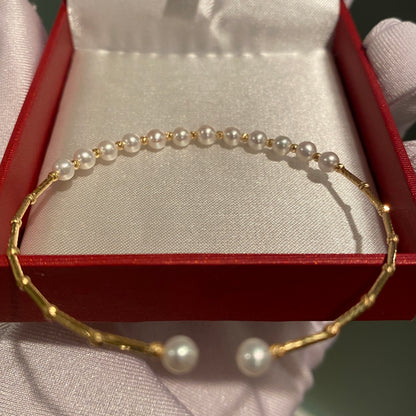 K18YG WG あこや真珠 バングル 小粒 イエローゴールド 18K アコヤ ワイヤーバングル 弾力 ブレスレット