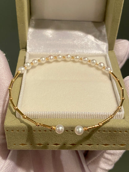 K18YG WG あこや真珠 バングル 小粒 イエローゴールド 18K アコヤ ワイヤーバングル 弾力 ブレスレット
