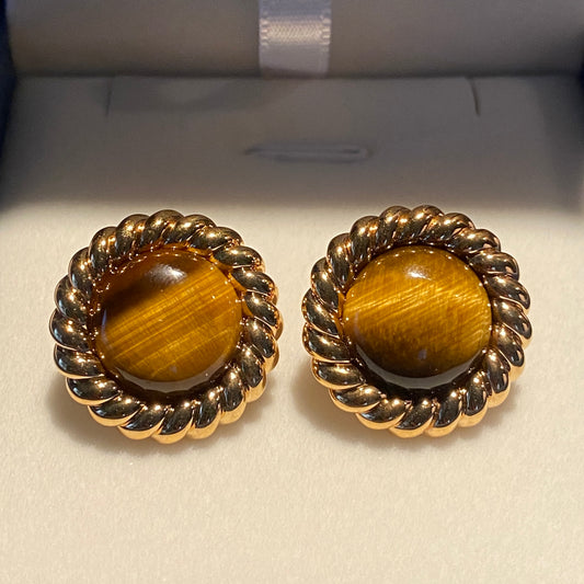 18K Yellow Gold Tiger Eye Round Stud Earrings with Twisted Setting, Lightweight, Large, Large Design