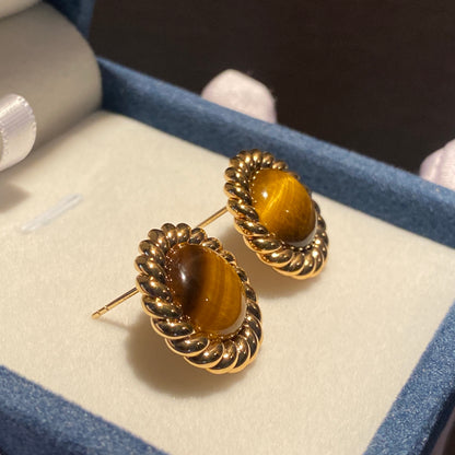 18K Yellow Gold Tiger Eye Round Stud Earrings with Twisted Setting, Lightweight, Large, Large Design