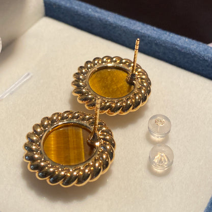 18K Yellow Gold Tiger Eye Round Stud Earrings with Twisted Setting, Lightweight, Large, Large Design