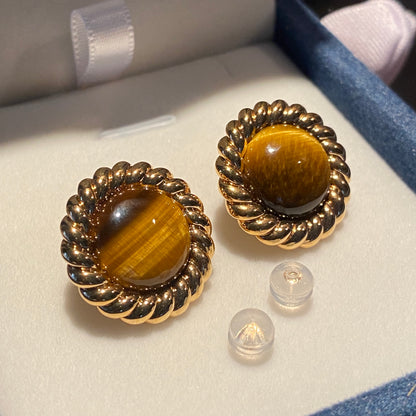 18K Yellow Gold Tiger Eye Round Stud Earrings with Twisted Setting, Lightweight, Large, Large Design
